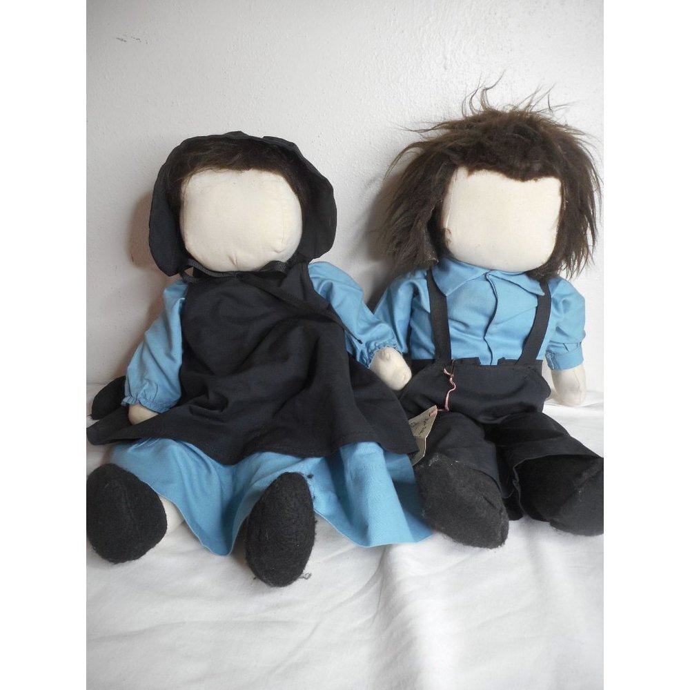 Pair Amish Folk Art Primitive Handmade Faceless Dolls Boy / Girl 19” Signed 1989